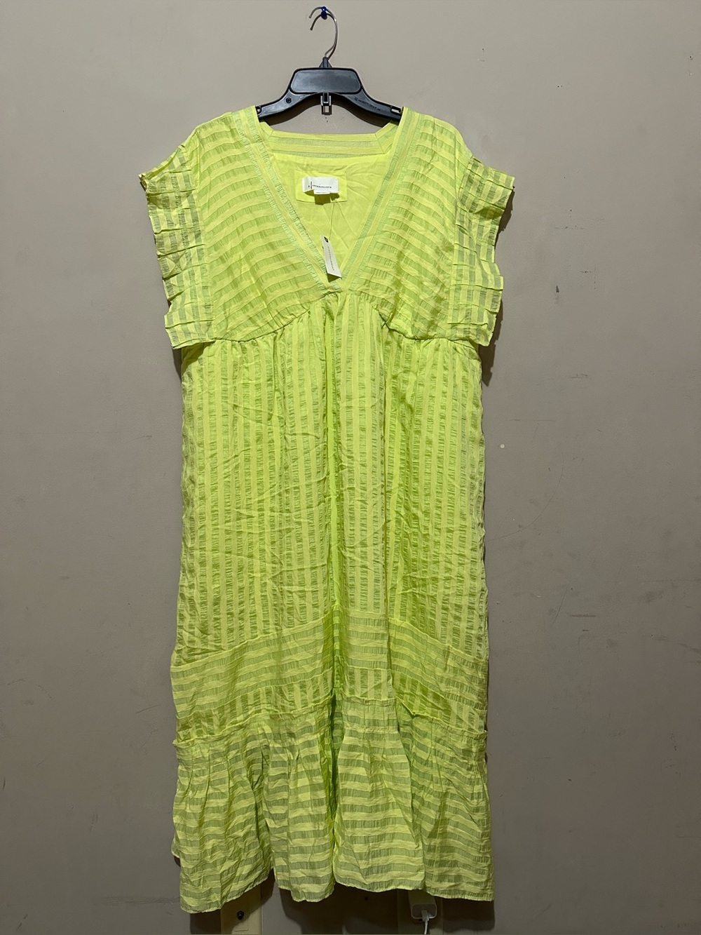 NWTS BY ANTHROPOLOGIE LIME GREEN/YELLOW STRIPED RUFFLE SLEEVE V-NECK DRESS Sz M